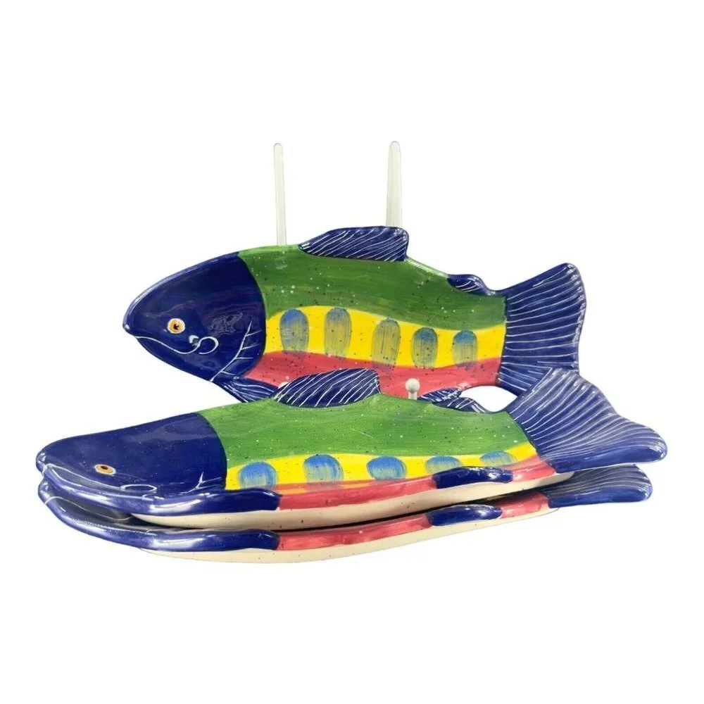 Julie Ueland Shorelines‎ Fish Salmon Dish Plate Ceramic Pottery 2000 Set 3